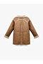 Faux Fur Plush Collar Double-Breasted Long Faux Leather Coat - 5