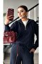 Navy Blue Modal Fabric Half Zipper Suit - 6
