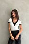 V Neck Contrast Detailed Blouse - 3