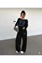Women's Black Boat Neck Ribbed Printed 23 Sweatshirt - Black Loose Fit Comfortable Tracksuit Set