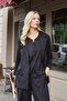 Women's Suede Textured Fabric Collar Capri Sleeve Pocket Flap Blazer Jacket-Black - 5
