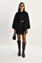 Women's Black Single Button Belted Bearded Soft Poncho 60282034 - 2