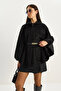 Women's Black Single Button Belted Bearded Soft Poncho 60282034 - 7