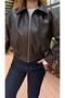 Elastic Waist Leather Bomber Jacket Brown - 3
