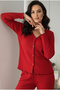 Red Brushed Soft Textured Corded Fabric Ribbed Knit Knitted Buttoned Cardigan Pajama Suit 7962