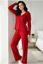 Red Brushed Soft Textured Corded Fabric Ribbed Knit Knitted Buttoned Cardigan Pajama Suit 7962 - 2