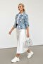 Women's Blue Buttoned Long Sleeve Surat/Yüz Printed Crop Denim Jean Jacket Women -New Season Women's Jacket - 2