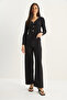 Women's Black V-Neck Button Accessory Thessaloniki Top and Bottom Set 4107 60283782 - 3