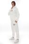 Women's White Hooded Kangaroo Pocket Fleece-Lined Thread Winter Fleece Lined Casual Tracksuit Set - 3