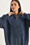 Women's Smoked Stand Collar Half Zipper Pocket Detailed Oversize Modal Sweatshirt 60601053 - 4
