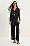 Women's Black V-Neck Button Accessory Thessaloniki Top and Bottom Set 4107 60283782