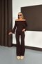 Women's Brown Wide Corded Fabric Madonna Collar Blouse Wide Leg Pants Set - 4