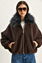 Women's Bitter Brown Mobile Fur Collar Zippered Cashmere Bomber Jacket 38185 60283786