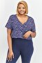 Women Plus Size V Neckline Short Sleeve Allover Printed Blouse, Navy Combo