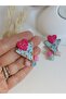 Natural Stone Blue Pink Flower Pattern Heart Polymer Clay Earrings Steel Earring Apparatus - 6