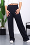 Navy Blue High Waist Corded Fabric Wide Leg Knitwear Trousers