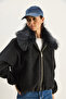 Women's Anthracite Mobile Fur Collar Zippered Cashmere Bomber Jacket 38185 60283786 - 6