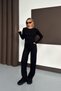 Women's Black Crew Neck Finger Detail Blouse Wide Leg Pants Corded Fabric Sets