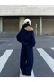 Women's Navy Blue Boat Neck Ribbed 84 Printed Sweatshirt-Navy Blue Loose Fit Comfortable Tracksuit Set - 2