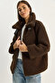 Women's Bitter Brown Collar Belt Detailed Lined Plush Coat with Pockets 2635 60281122 - 3