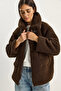 Women's Bitter Brown Collar Belt Detailed Lined Plush Coat with Pockets 2635 60281122