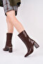 Women's Brown Snake Pattern Patent Leather Heeled Boots 8.5 cm Thick Heel Stylish and Modern Design - 6
