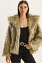 Women's Beige Black Wide Collar Lined Short Premium Faux Fur Jacket 2770 60261574