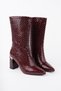 Women's Burgundy Snake Pattern Patent Leather Heeled Boots 8.5 cm Thick Heel Stylish and Modern Design