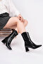 Women's Black Snake Pattern Patent Leather Heeled Boots 6.5 cm Thick Heel Stylish and Modern Daily Design