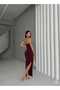 U-Neck Halter Neck Gold Accessory Detail Side Gathered Side Slit Lined Long Dress - 3