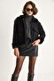 Women's Black Collar and Sleeve Plush Detailed Bell-Bottom Pocket Cashmere Coat - Zippered, Stylish Winter Jacket 2751 - 2