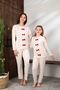 Women's Ribbed Knit Ecru Heart Pattern Crew Neck Long Sleeve Corded Fabric Pajama Set