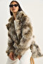 Women's Beige Brown Patterned Collared Lined Medium Length Faux Fur Coat 2851 60281124 - 2
