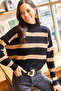 Women's Black Biscuit Half Fisherman Striped Crop Knit Sweater Kzk-19001068 - 3