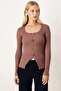 Women's Light Brown U-Neck Button Detailed Front Slit Soft Textured Blouse Arm-26K001038