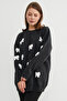 Ribbon Embroidered Crew Neck Oversize Knit Sweater - 4