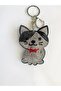 Keyring and Bag Accessory Keyring with Cat Figure and Black and White Stones on It