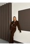 Women's Brown Polo Neck Scarf with Shepherd Stitch Sweater Pants Knitwear Set