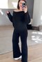 Women's Black Boat Neck Sweater-Pants Knitwear Set - 3