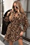 Women's Long Sleeve Double-Breasted Collar Ruffled Waist Belted Leopard Pattern Modal Dress