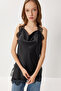 Halter Neck Satin Surface Lace Blouse Lxa0004 Black - 2