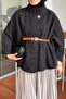 Hakim Collar Belt Detailed Cashmere Poncho Black - 3
