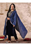 Navy Blue Velvet Kurta with Pants and Dupatta Set - 3