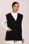 Women's Black Line Detailed Pocketed and Buttoned Steel Knitted Sweater Mother Vest