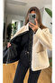 Women's Ecru Plush Jacket with Leather Detailing - 3