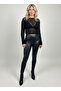 Women's Black Mesh Woven Long Sleeve Blouse - 4