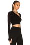 Women's Black Asymmetrical Neckline Long Sleeve Sandy Fabric Crop Top with Finger Detail - 2