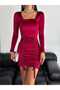 Women's Ruched Detail Velvet Stretchy Bodycon Mini Dress - 5