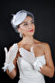 Pearl Tulle Detailed Bridal Cap Accessory and Bowknot Stone Wedding Gloves Set - 6