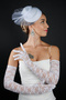 Tulle Pearl Detailed Bridal Wedding Cap Accessory and Long Lace Gloves Set - 2